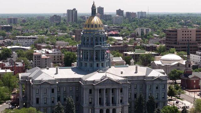 Drone Shot of Colorado State Capitol Building in Denver Civic Center on Sunny Summer Day