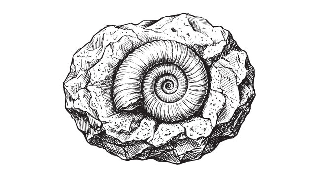 Vintage ammonite fossil illustration, hand drawn prehistoric shell in rock, antique nautilus engraving for science and education