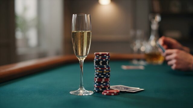 Elegant baccarat game setup with champagne, poker chips, and cards at casino table