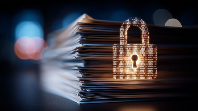 A stack of documents with a digital padlock represents confidential file protection data privacy and secure information management.
