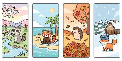Fototapeta premium Set of four flat design banners showing seasonal scenes with cute animals in natural environments.