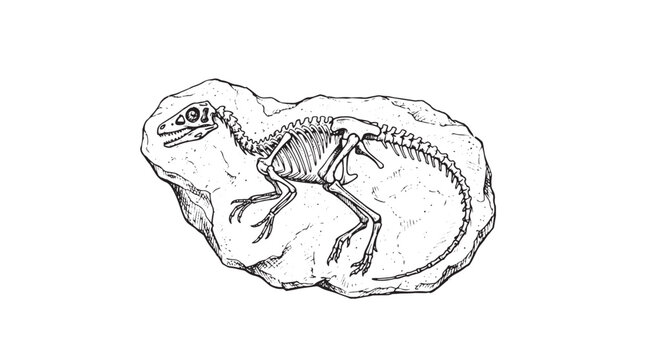 Vintage dinosaur fossil illustration, prehistoric reptile skeleton in rock, hand drawn archaeological specimen vector art