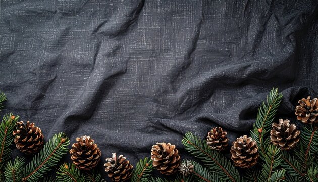 Minimalist winter linen background with small pine branches on bottom edge