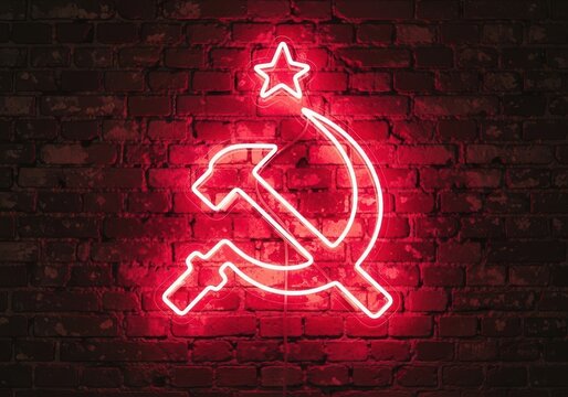 Bright glowing red communist hammer and sickle symbol