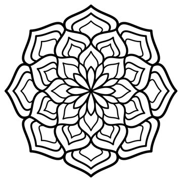 Simple floral mandala pattern. Black and white flower outline in circular radial symmetry for coloring books, lace patterns, tattoos, digital crafting, meditation,or decoration,textile patterns,henna.