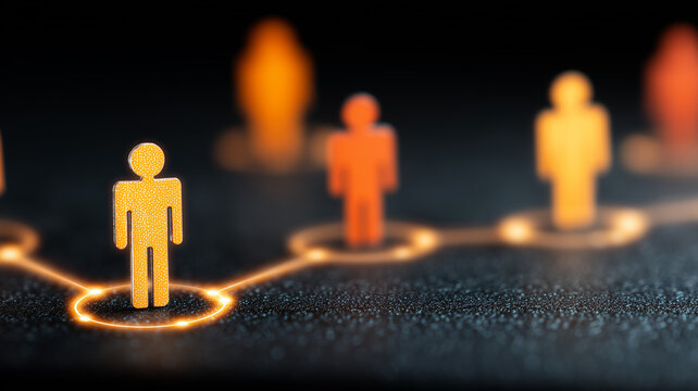 Connected human figures linked through digital paths represent professional networking teamwork communication and relationships within an organization.
