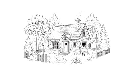 Fototapeta premium Vintage cottage line art illustration, rustic country house sketch with trees and fence, hand drawn architectural home vector