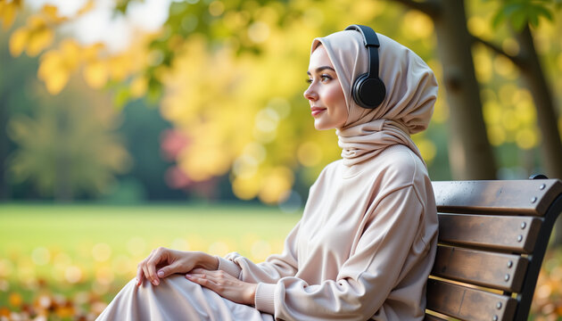 Young woman in a hijab listening to music on a park bench in autumn  