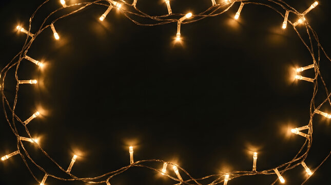 A festive border of warm glowing fairy lights arranged in a rectangle on a dark black background