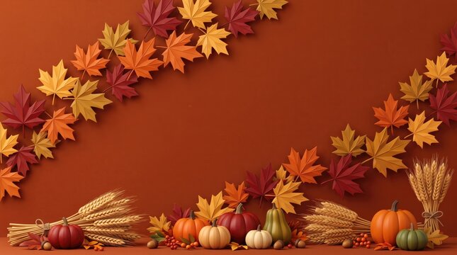 Thanksgiving (Canada)  abstract background design new 2026 Autumn harvest with colorful leaves and pumpkins on rustic background illustration