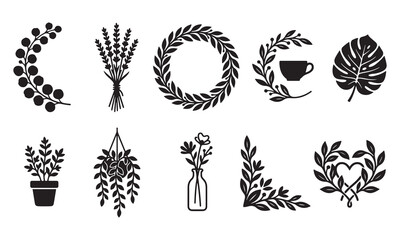 Obraz premium Set of black and white botanical featuring floral wreaths, lavender bouquets, monstera leaves, potted plants, hanging vines, glass vases, and decorative leaf corner