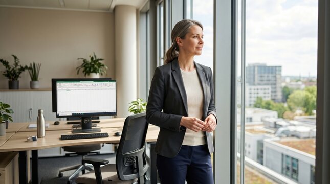 Mature office worker pauses computer use to focus on distant view, linking screen fatigue, eye comfort, concentration, prevention and sustainable workplace wellness habits.