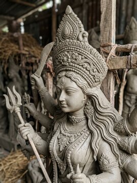 Ancient stone statue of hindu goddess with trident