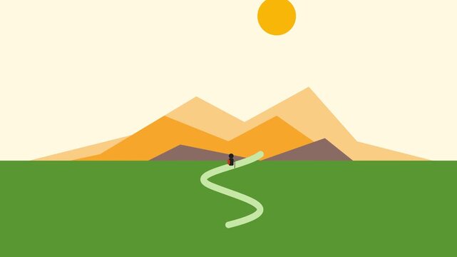 Hiker Walking on a Path Towards Mountains in Flat Minimalist Style