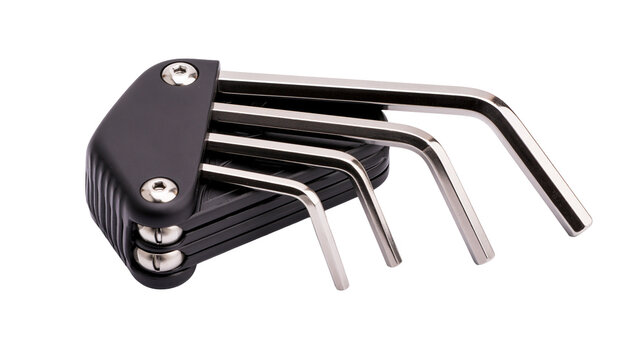 Folding hex key set with multiple steel allen wrenches in black plastic handle