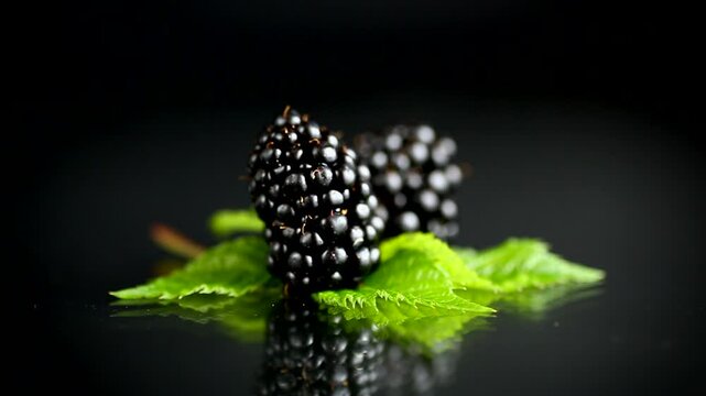 blackberry composition with glossy reflection on black studio background