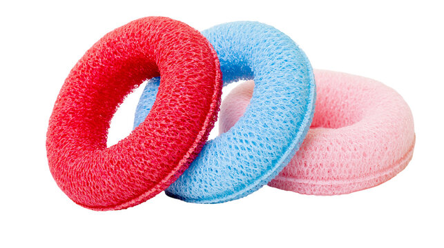 Red blue and pink circular mesh hair styling sponges for bun making