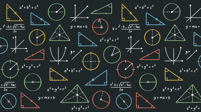 Seamless Repeating Pattern of Colorful Geometric Shapes Triangles Circles and Mathematical Equations on Dark Chalkboard with Pythagorean Theorem Education Vector Illustration Background