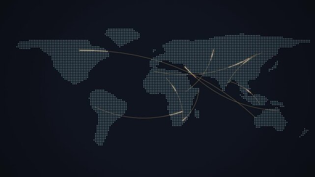 Dotted world map with amber connection arcs seamless loop background