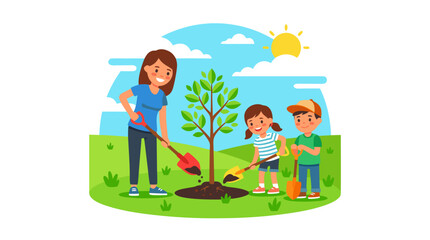 Fototapeta premium Happy mother and two children planting a young sapling tree together in a sunny green field, holding colorful shovels, flat vector illustration, family gardening, environmental conservation concept