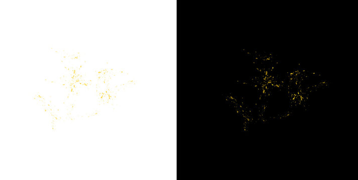 Yellow paint splatter effect isolated on transparent background for abstract design and creative applications.