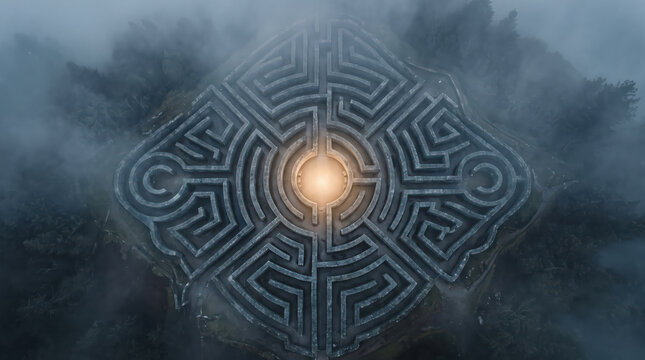 Aerial view of foggy hedge maze with glowing center.