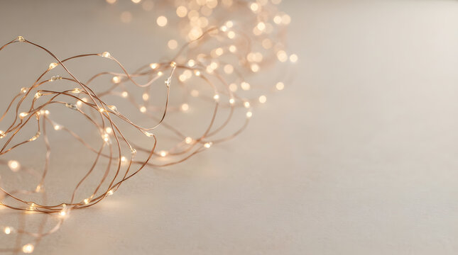 Abstract background with glowing fairy lights on a soft neutral surface with plenty of copy space
