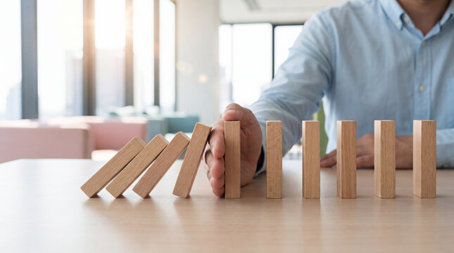 A businessman's hand stops a row of wooden dominoes from collapsing, preventing a chain reaction of business failure. Concept of risk management, crisis control, and organizational resilience.