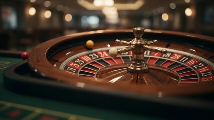 Obraz premium Close-up of roulette wheel with ball in casino setting, gaming chance, luck, gambling, nightlife atmosphere, table game, casino interior, spinning game