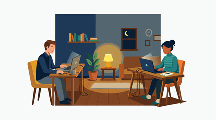 Fototapeta premium Man and Woman Working on Laptops at Separate Desks in Dimly Lit Living Room at Night, Flat Vector Illustration of Remote Work Home Office Couple Freelancing with Single Lamp