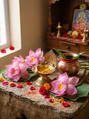 Obraz premium Buddhist altar with flowers and golden statue