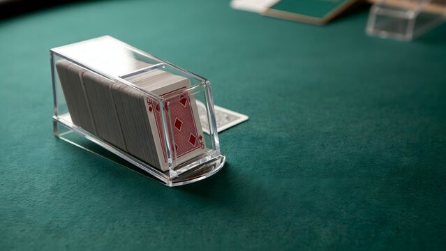 Card game setup with deck of cards, playing table, and game accessories