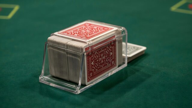 Card Shuffler with Deck of Playing Cards on Green Gaming Table Surface
