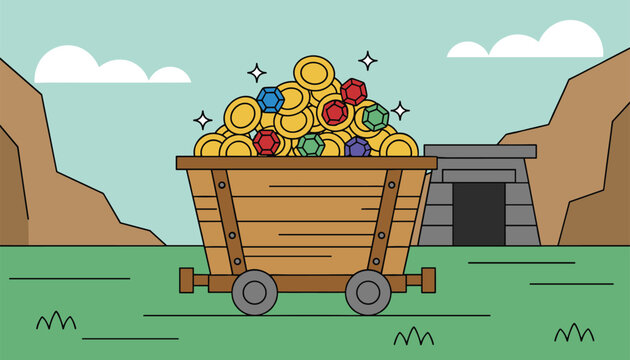 Wooden mine cart filled with sparkling gold coins and colorful gems in front of a dark mining cave tunnel.