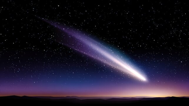 A bright comet with a glowing tail streaks across a star-filled night sky above a dark mountainous horizon.