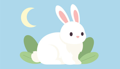 Obraz premium Adorable fluffy white rabbit sitting peacefully on green leaves under a golden crescent moon in a night sky.