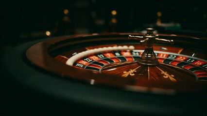 Obraz premium Close-up of a roulette wheel with a spinning spindle in a casino setting