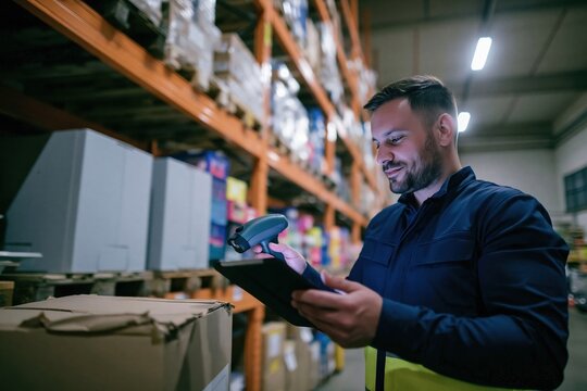 Warehouse employee scanning a cardboard box with a handheld device and tablet, featuring gritty textures and a natural mood for inventory tracking and logistics