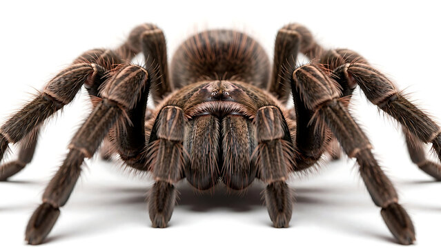 Detailed front view of a large brown hairy tarantula spider isolated on white background