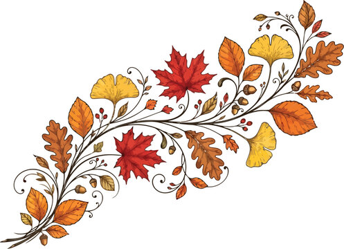 Decorative autumn leaf branch with colorful maple and ginkgo leaves and swirling floral lines in a beautiful seasonal fall design illustration