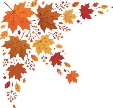 Colorful autumn maple leaves corner border arrangement with decorative branches and berries for seasonal fall design elements and festive holiday greeting cards