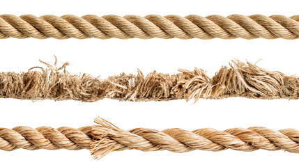Three horizontal segments of thick brown twisted hemp rope with frayed ends © Elodie