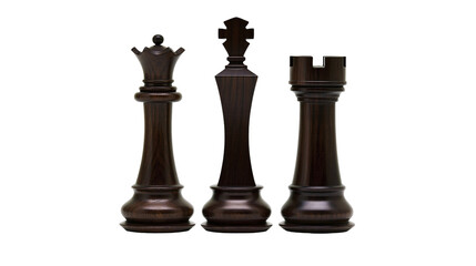 Dark brown wooden chess king queen and rook pieces standing in a row © Elodie