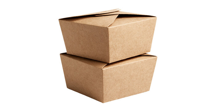 Stacked brown kraft paper food takeaway containers with folded lids