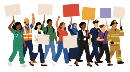Obraz premium Diverse Multicultural Group of Essential Workers and Professionals Including Nurse Construction Worker Doctor Police Officer Firefighter Marching Together Holding Blank Protest Signs Vector