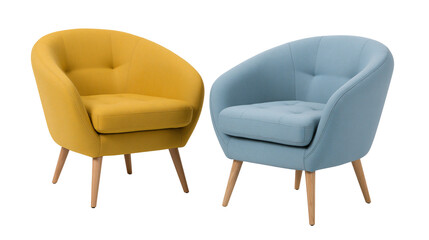 Obraz premium Yellow and blue mid-century modern upholstered armchairs with wooden legs