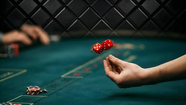 Close-up of person rolling red dice over a green casino table with chips and hands in background