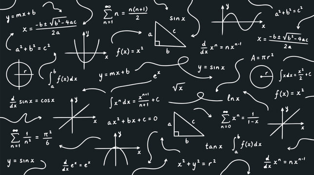 Seamless Pattern Handwritten Math Formulas Equations Chalkboard White Chalk on Dark Background with Graphs Calculus Algebra Geometry Mathematical Expressions Education Theme Vector Illustration