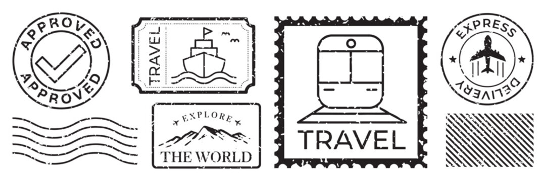 Vintage travel-themed stamp designs illustration vector set.