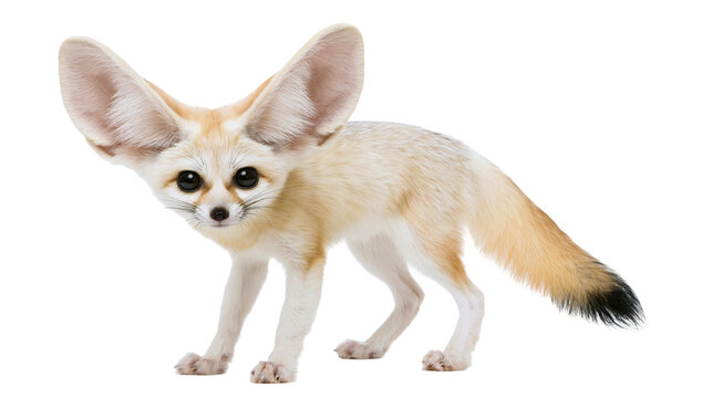 Small fennec fox with large ears and cream colored fur standing